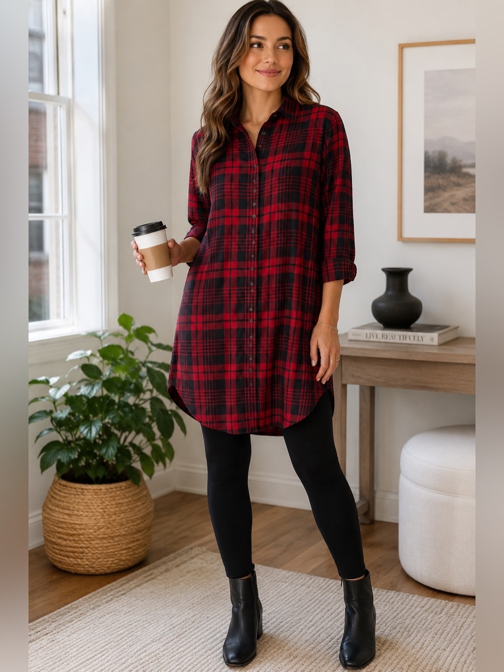Red and Black Plaid Button-Front Tunic Shirt Dress Size S or M Lightweight
